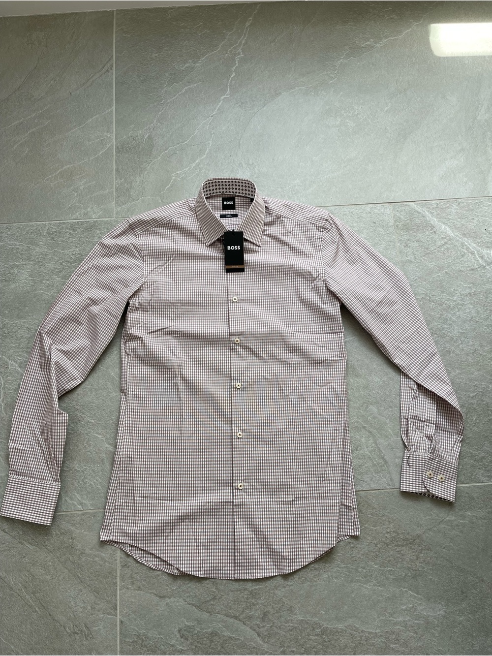 BOSS Men's Brown & White Micro-Check Dress Shirt
